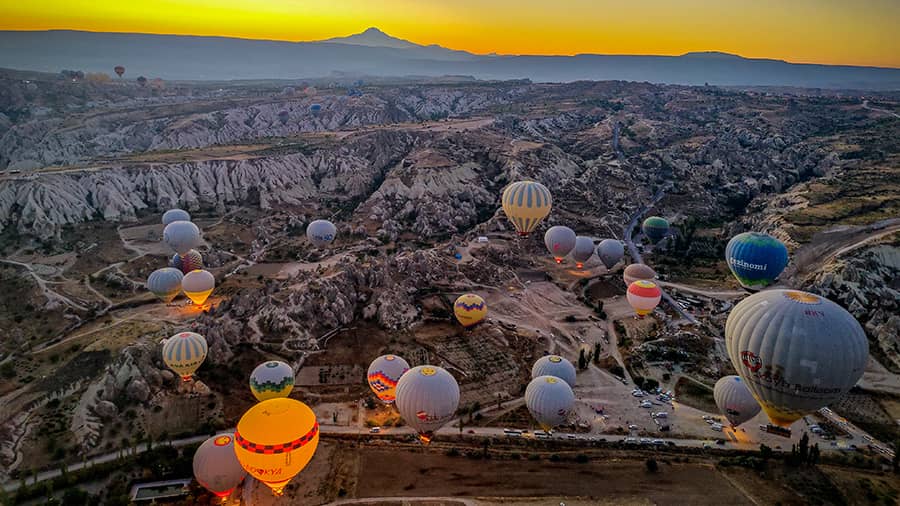 The landscape of Cappadocia is dotted with ancient cities, deep gorges and fairy chimneys 