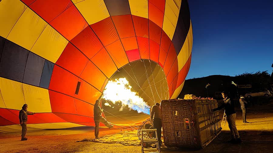 Firing up the hot air balloon before take-off
