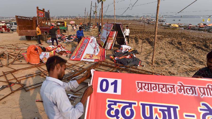 Preparations underway for the 'Chhath Puja' festival celebrations at Sangam in Prayagraj