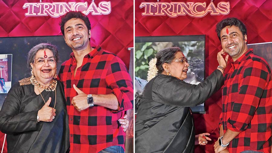 Actor Dev was present at the launch of Mon bhalo theko and Usha Uthup took the opportunity to give him a tika for Bhai Phonta. “It is an honour to be here. It is a song in her voice and a lot of us have grown up listening to her. I am happy and excited to be here and that too on Bhai Phonta,” said Dev.