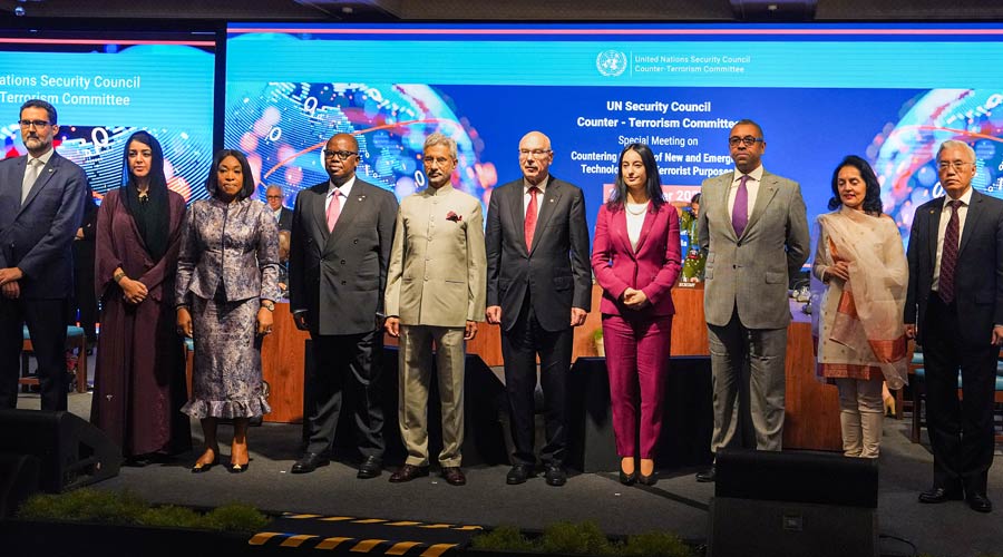 External Affairs Minister Dr. S. Jaishankar with UK Foreign Secretary James Cleverly, Permanent Representative of India to the UN Ruchira Kamboj and other delegates during the special meeting of the United Nations Security Council’s Counter Terrorism Committee (CTC), in New Delhi on Saturday.