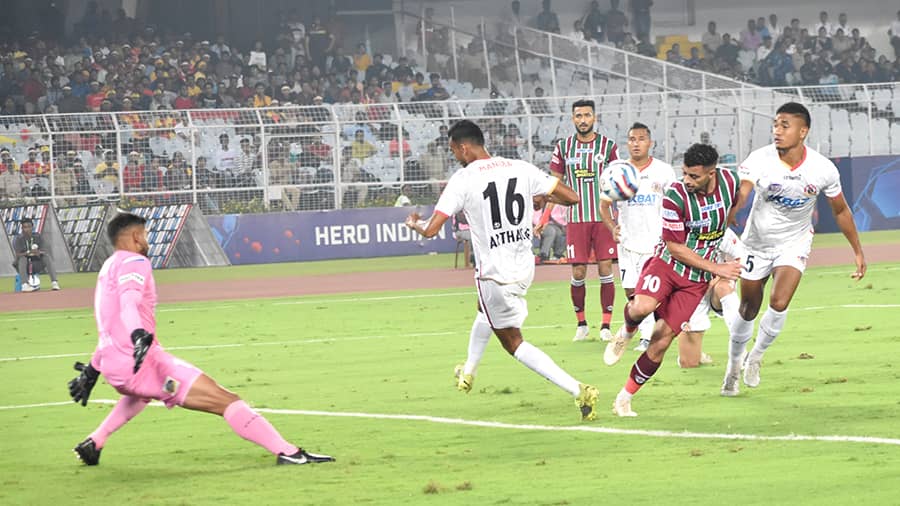 ATK Mohun Bagan players rejoice after the 2-0 win against East Bengal FC in Saturday’s Kolkata derby match.