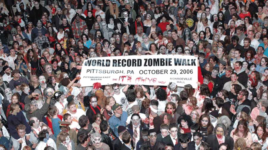 Zombies are essentially revenants, animated corpses believed to have been revived through certain procedures, such as sorcery or black magic. Above, a ‘Zombie Walk’ in Pittsburgh, US