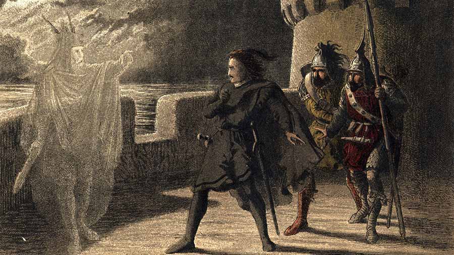 Horatio, Marcellus and Hamlet (centre) encounter the ghost of the late King Hamlet 