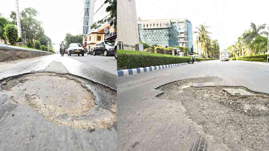 Cratered stretches in front of Webel and (right) on Ring Road, in front of Godrej Waterside, in Sector V on Wednesday