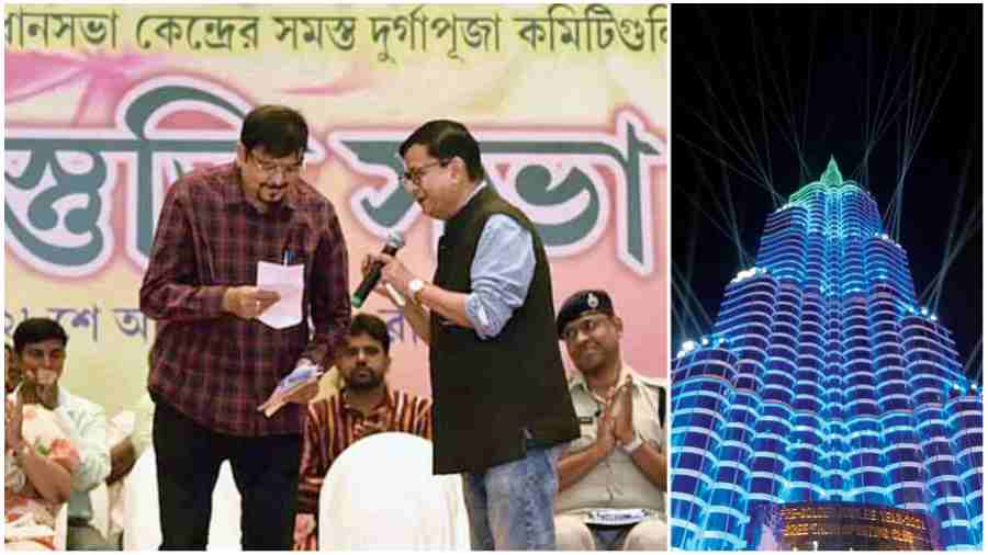 NKDA chairman Debashis Sen speaks to local MLA and minister Sujit Bose at the pre-Puja meet convened by the latter on Sunday. (Showli Chakraborty) (Right) The Burj Khalifa pandal of Sreebhumi Sporting Club last year