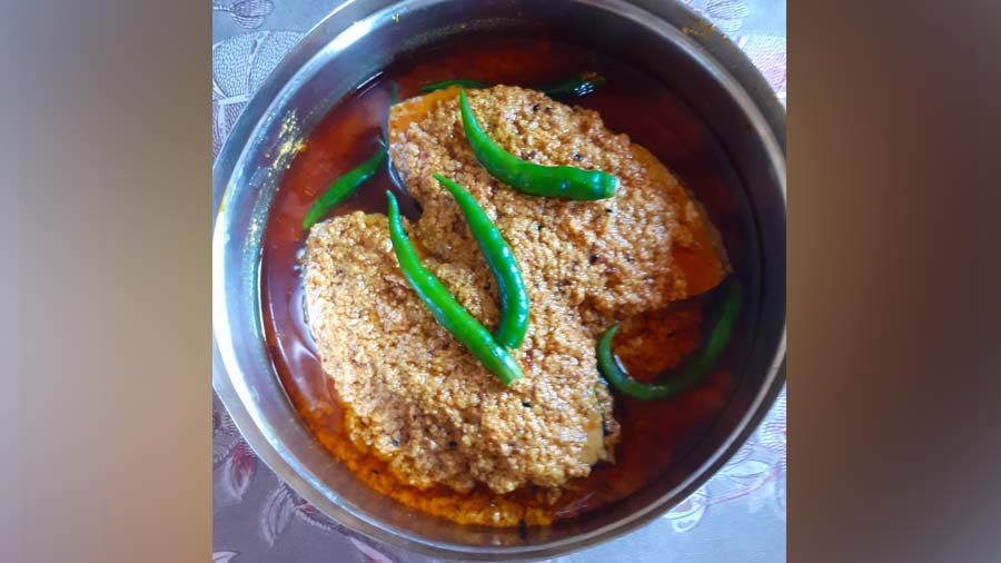 Vegan bhapa maach steamed in raw mustard and signature homemade hand-ground spices