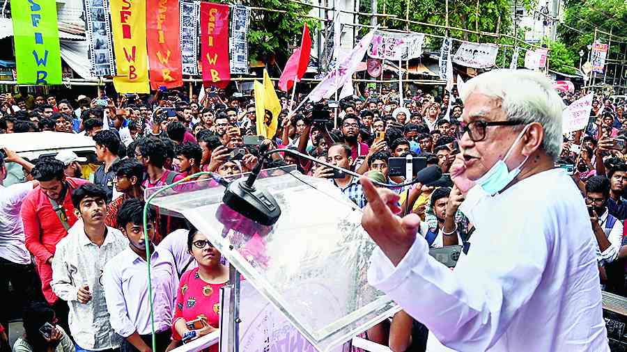 CPM veteran Biman Bose addresses the College Street event in Calcutta on Friday.