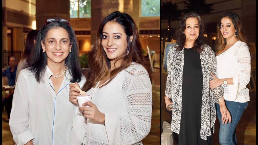 Raima Sen enjoyed some Minus Thirty gelato, that is supporting the do, with Preah by her side. The ice cream brand is the brainchild of Preah’s daughters Shivanie Mirchandani and Gayatri Rattha. ; Moon Moon Sen and Raima Sen at the exhibition
