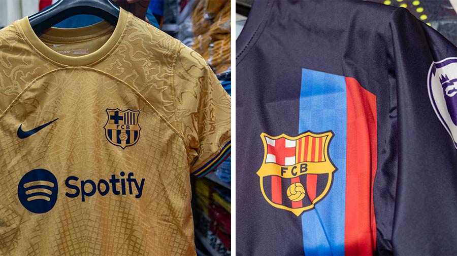 Barcelona’s scintillating gold away jersey along with their home kit with a Premier League stamp!