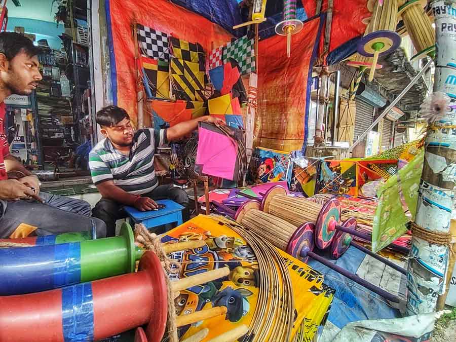 A huge collection of kites on display at a stall at Baguiati on Saturday, ahead of Vishwakarma Puja on September 17. 