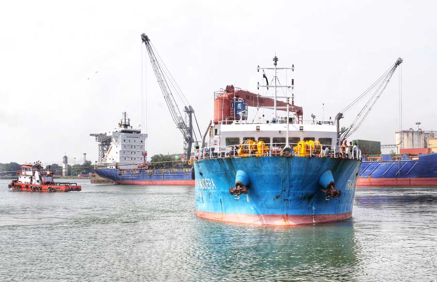 A cargo ship at Netaji Subhas Dock on Saturday is headed for Sheola town in Bangladesh via Chittagong.