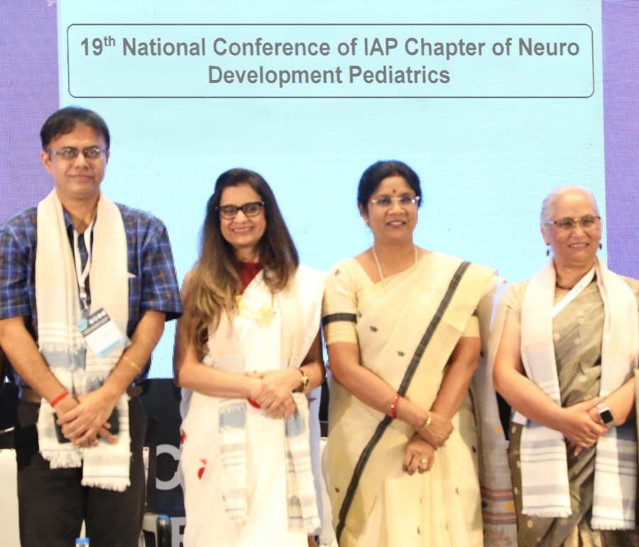 (From left) Dr Sujay Chakraborty, psychotherapist Minu Budhia, women and child development minister Dr Shashi Panja and Dr Shabina Ahmed at the NCDP 2022 19th national conference of IAP Chapter of Neurodevelopmental Paediatrics at the Biswa Bangla Convention Centre on Saturday.