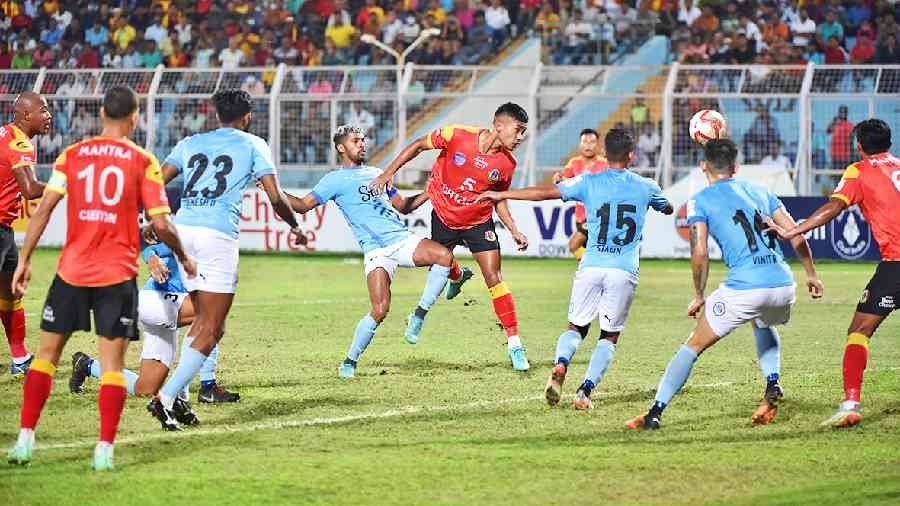 Action during the Durand Cup Group B match between Emami East Bengal and Mumbai City at the Kishore Bharati Stadium on Saturday. 