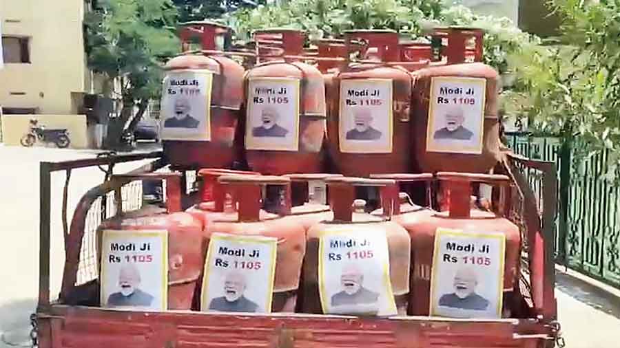 TRS tweeted a video and a message: “You wanted pictures of Modi ji , Here you are @nsitharamanji….”  The clip showed posters of the PM stuck on LPG cylinders with “Modi Ji  Rs 1105” written on them.