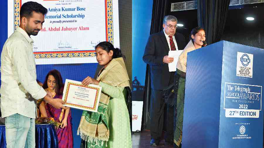 (Left) Renu Khatun hands the Dr Amiya Kumar Bose Memorial Scholarship to Md Abdul Jabayer Alam and (right) Renu Khatun speaks at the programme. Behind her is  Barry O’ Brien, trustee, The Telegraph Education Foundation, who hosted the ceremony, at St. James’ School auditorium on Saturday