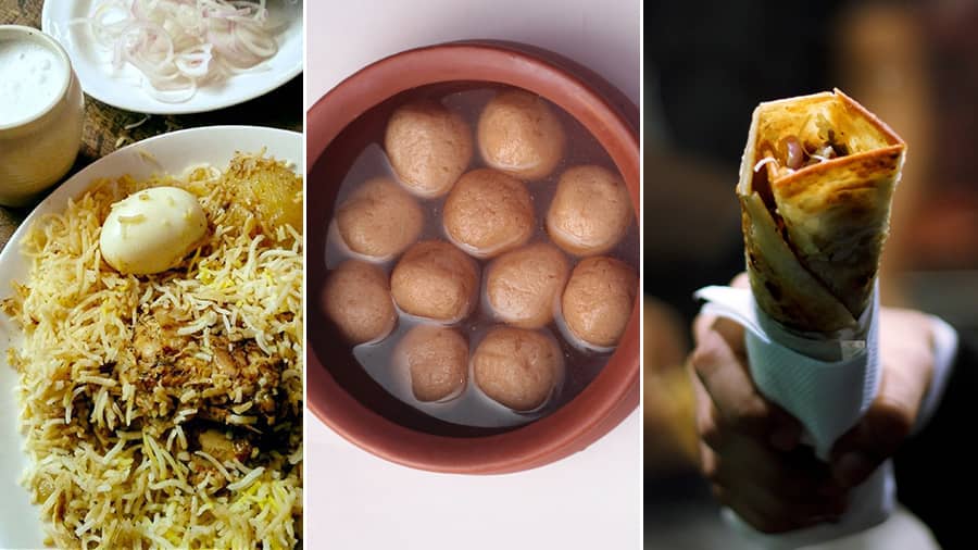 (L-R) Mutton biryani, gurer rosogolla and Kolkata kathi rolls are popular across the country