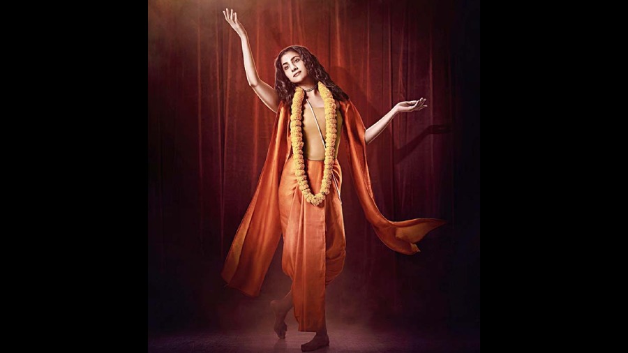 A teaser poster of the film, Binodiini — Ekti Natir Upakhyan, with Rukmini as Binodini Dasi playing Chaitanya Mahaprabhu on stage