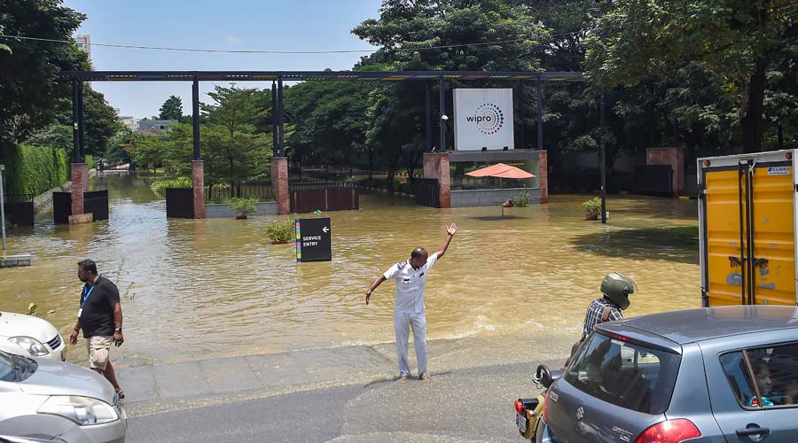 Waterlogging at the entrance of Wipro Technologies at Sarjapur after heavy monsoon rains.