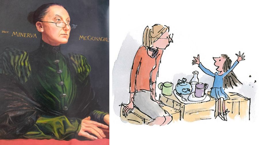 L-R: Prof. Minerva McGonagall, illustrated by Jim Kay, in ‘Harry Potter and the Philosopher’s Stone,’ and Miss Honey and Matilda, illustrated by Quentin Blake, in ‘Matilda’