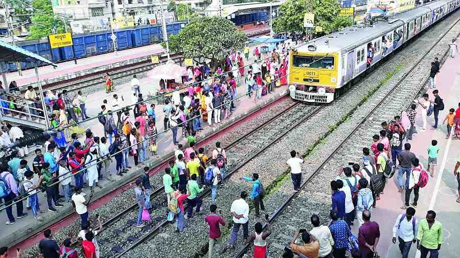 The blockade at Pandua railway station in Hooghly district on Monday.