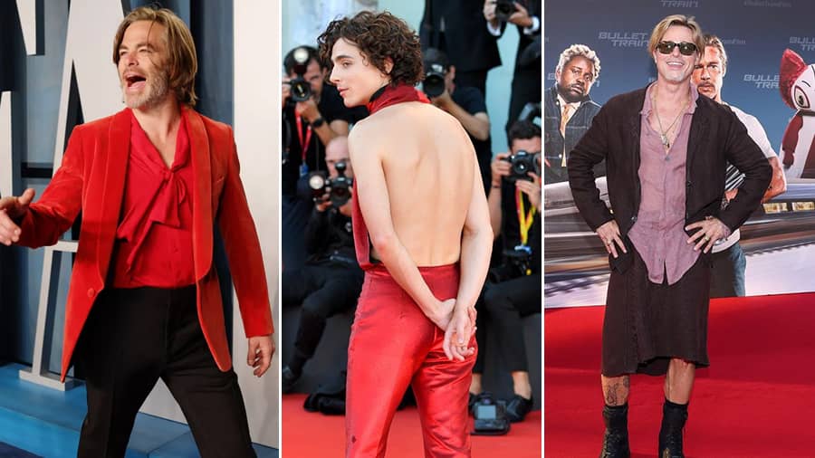 Men Wearing Skirts & Dresses in Red Carpet Photos: Brad Pitt and More