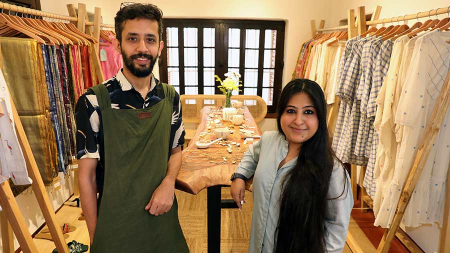 Devyani Kapoor poses with her husband and partner Varun Soni, at the P591, Purna Das Road store of Shuffling Suitcases (near Sienna Store and Cafe). The sustainable fashion platform, which has hosted 33 pop-ups across the country over the last five years, opened up its first brick-and-mortar store in Kolkata. It covers 1,200 sq ft and is designed as a one-of-a-kind offline platform for mindful, sustainable shopping with some of the best conscious, homegrown brands on offer