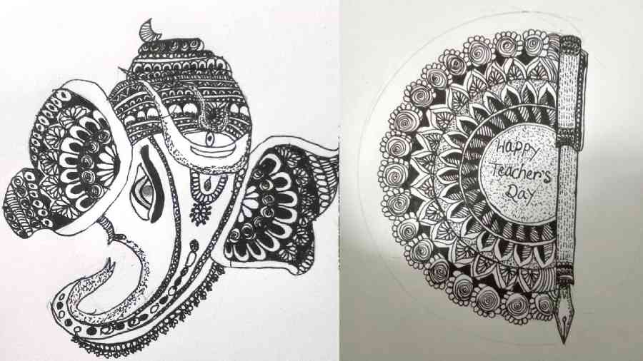 Renu Khatun’s sketch of Lord Ganesh and (right) a pen symbolising Teachers’ Day