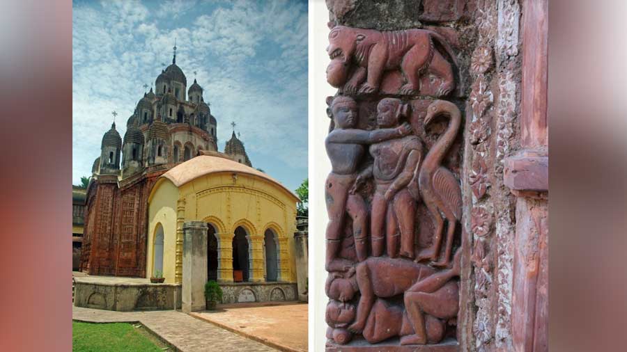 Erotic motifs adorn the walls of the twenty-five-pinnacled Goplajiu’s temple