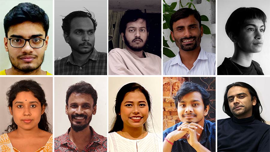 (Clockwise from top left) The ten artists: Abhishek Chakraborty, Ali Akbar PN, Dhaivat Shah, Gyanwant Yadav, Liactuallee, Sudhir Ambasana, Subhankar Chakraborty, Puja Mondal, Priyaranjan Purkait and Priti Roy