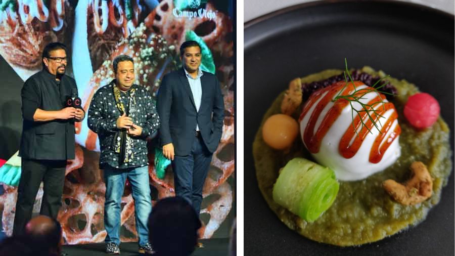 L-R: Manish Mehrotra (centre) with Vir Sanghvi and Sameer Sain of Culinary Culture at the platform’s annual chef ranking awards in March 2022, Dahi Vada from a tasting menu at Indian Accent