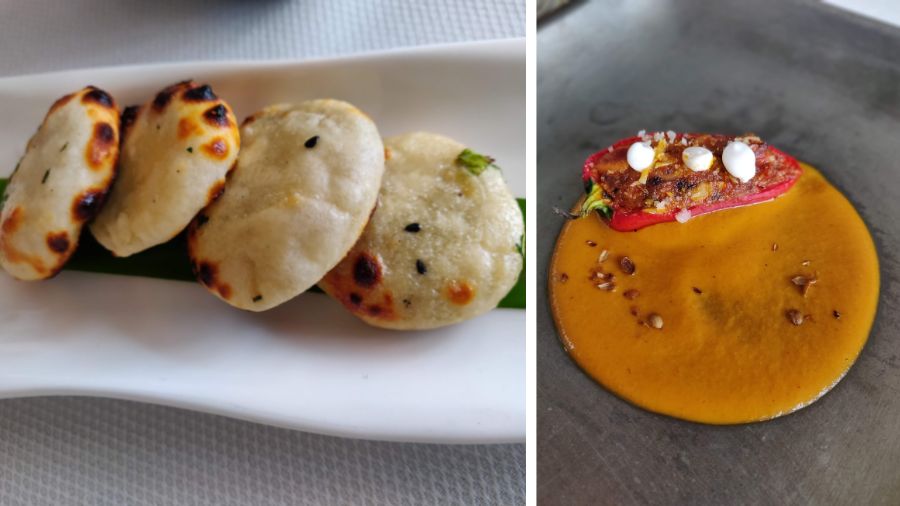 Blue Cheese Naan and Kadhai Chicken from a tasting menu at Indian Accent in New Delhi
