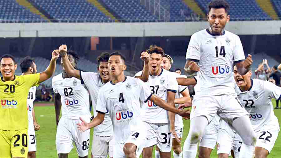 Jubilant Kuala Lumpur City FC players after defeating ATK Mohun Bagan at the Salt Lake Stadium on Wednesday. 