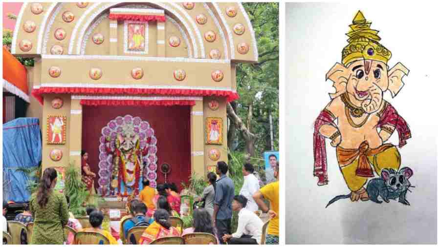 (L-R) A Ganesh puja pandal at BB Block, under the banner of the older Yubak Sangha club, A Ganesh puja greeting sent by  10-year-old Vasundhara Biswas of FD Block