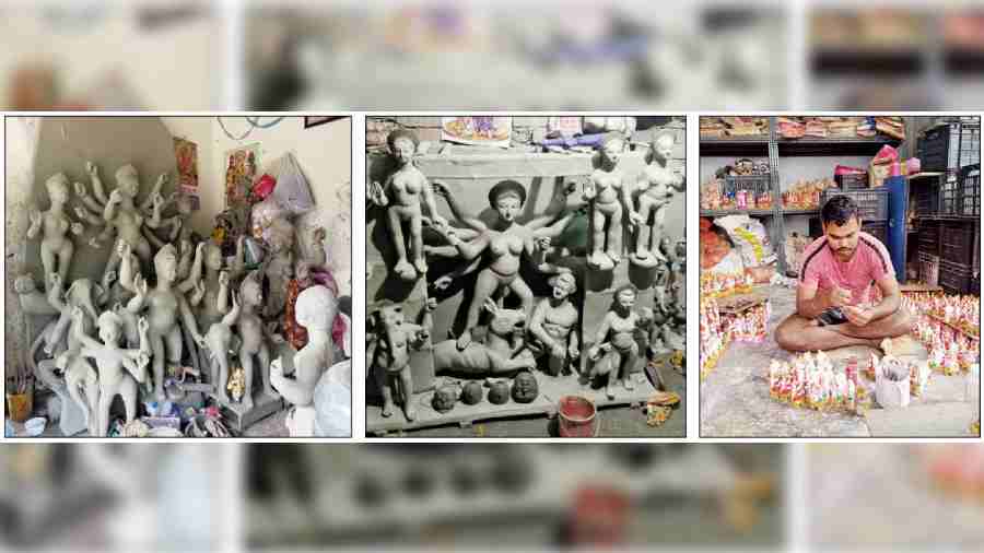 Idols in a cramped stall in Mahisbathan; a Durga idol in Kabiraj Bagan; an idol-maker gives finishing touches to Ganesh idols months ahead of Diwali.