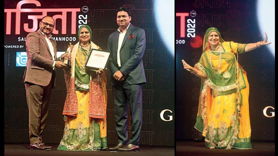 Gulabo Sapera or Dhanvanti, creator of the Kalbelia dance and the exponent of this Rajasthani dance form, was awarded the Lifetime Achievement Award by Pawan Dhoot (left), chairman of Dhoot Group and Aparajita Awards jury member, and Piyush Dhoot, director of Dhoot Group. Before receiving the award, she mesmerised the audience with some of her dance steps.