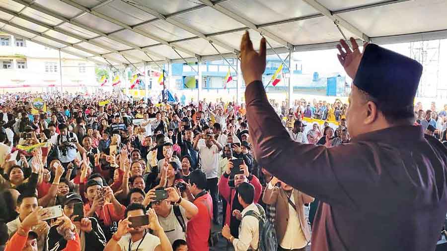 Anit Thapa, the chief of the BGPM, speaks on the occasion of his party’s anniversary in Kurseong on Friday.