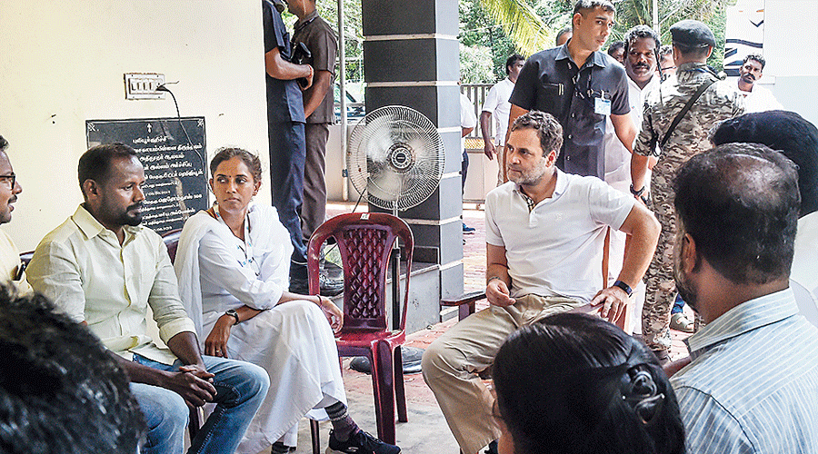 Rahul Gandhi meets residents and party colleagues in Kanyakumari during the Yatra on Friday.