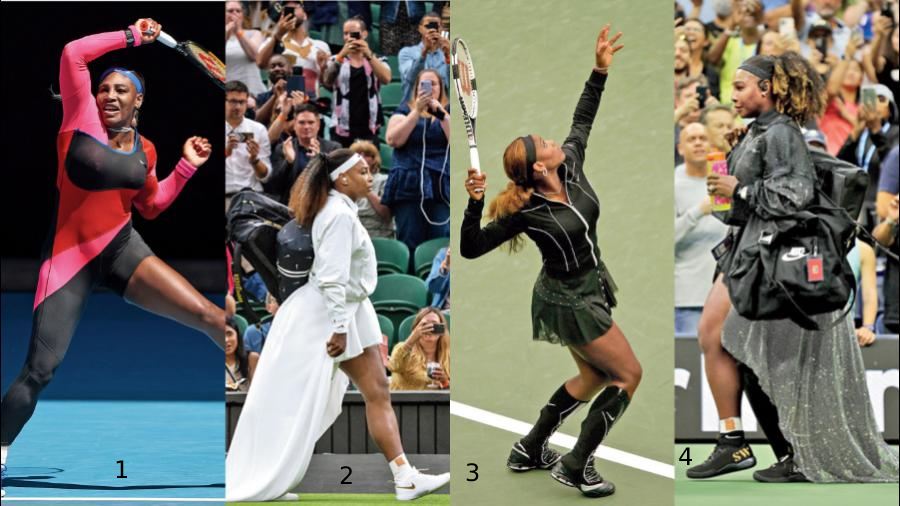 1) Serena sporting a colour-blocked one-legged catsuit at the 2021 Australian Open; 2) Royal and graceful, Serena walked in wearing a white jacket with a removable train at Wimbledon 2021; 3) Serena walked into the 2022 US Open wearing a diamond-encrusted Nike outfit; 4) Drip and all, Serena rocked a black ensemble at the 2004 US Open