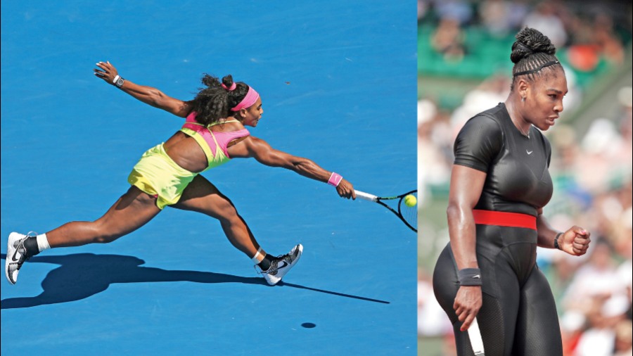 (Left) Serena in action, sporting an outfit with neon pink highlights, at the 2015 Australian Open; (Right) In a catsuit, at the 2018 French Open