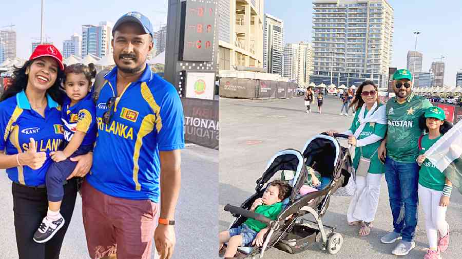 Sri Lankan and (right) Pakistani families have a day out at the Asia Cup in Dubai on Friday. 