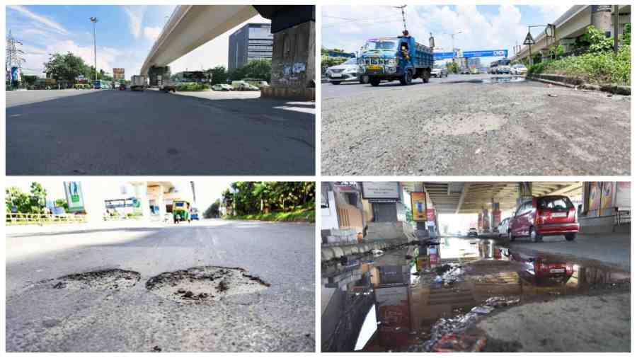 (Clockwise fom left top): A repaired stretch of EM Bypass at the Ruby crossing on Wednesday; A damaged portion of EM Bypass, near the Ambedkar Setu, on Wednesday; Potholes on EM Bypass, near Avishikta, on Wednesday; A cratered portion of EM Bypass, near Metro Cash and Carry, on Wednesday