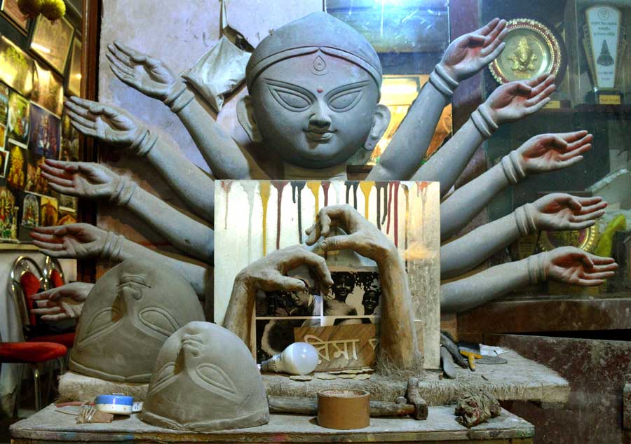 An unfinished Durga idol at Kumartuli on Friday, September 9. 