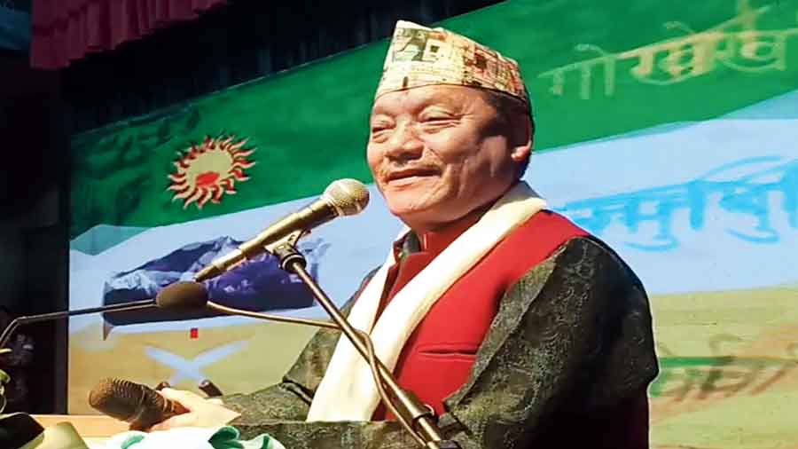 Gorkha Janmukti Morcha president Bimal Gurung speaks at the seminar in Darjeeling on Sunday.
