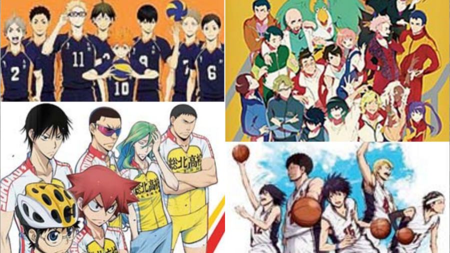 (Clockwise from top left) Haikyu! ; The Gymnastics Samurai; Ahiru No Sora; Yowamushi Pedal