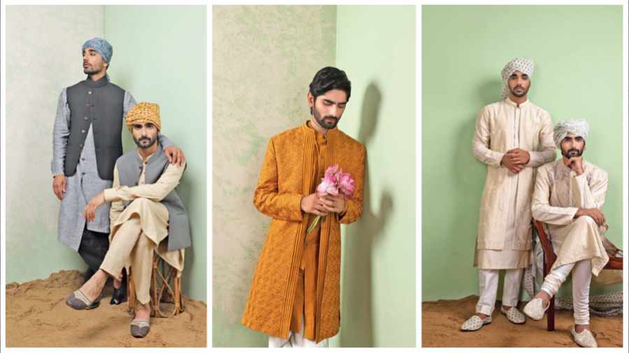(L-R) These two Nehru jackets made of khadi are paired with an asymmetric cotton-khadi blend kurta (left) and another Pathani- style khadi-linen blend kurta; Make a statement with this ochre open jacket that can be paired well with off-white kurta and  formal pants; With thick dori embroidery work, these white and off-white ensembles are great for summer as well as winter weddings.