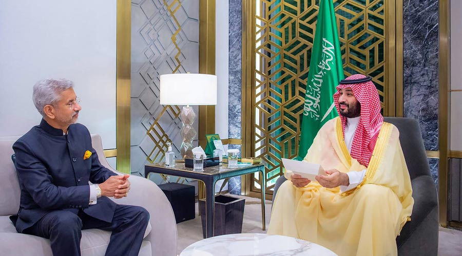 External Affairs Minister S. Jaishankar interacts with Saudi Arabia's Crown Prince Mohammed bin Salman, during a meeting in Jeddah, Saudi Arabia.
