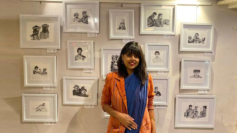 Fountain pen sketch artist Karishma Siddique Roy poses in front of a gallery wall at her first solo exhibition titled ‘Jay Shree Ray’ at First Flush. The artist has named her ongoing series ‘#inkingRay’