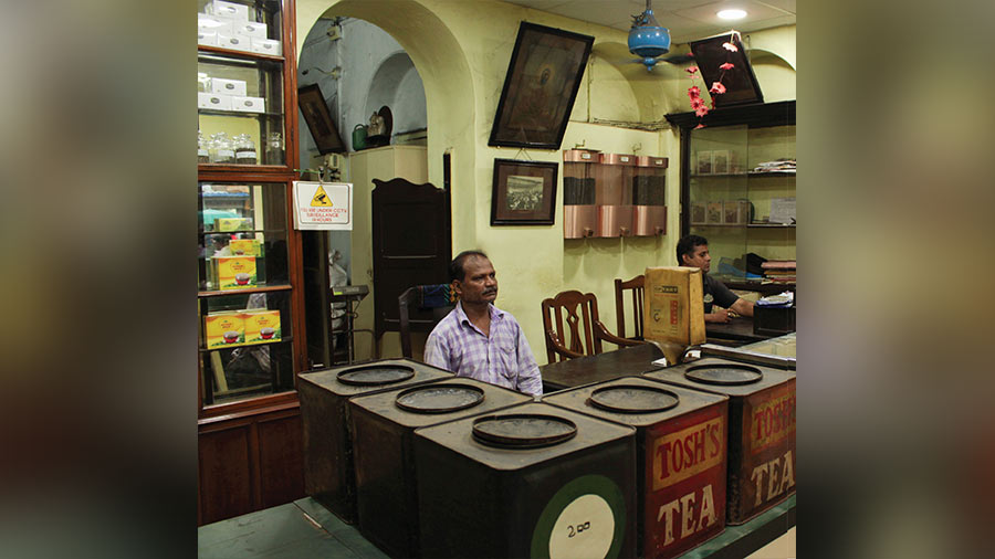 Cans of Tosh’s tea lined inside the shop