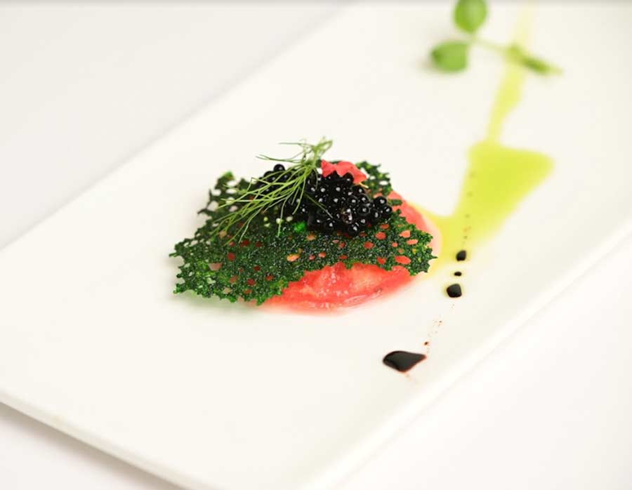 Start the meal with a refreshing watermelon carpaccio with smoked yoghurt and baby seedlings. The sweetness from the watermelon complements the smokey yoghurt to create the perfect balance of flavours. This dish will help cleanse your palate for the mesmerising creations ahead